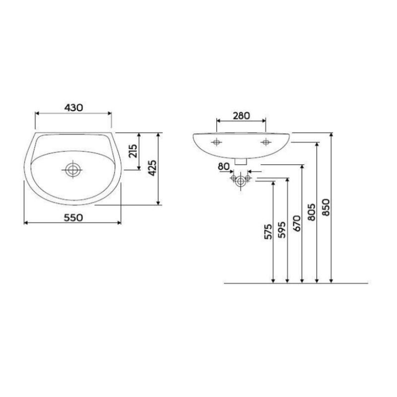 Koło IDOL umywalka 55 x 42 cm, bez otworu, z przelewem KOD M11055000 