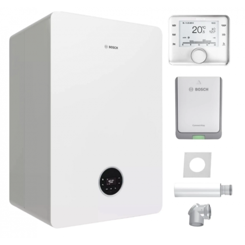 Bosch Condens 5700iWT 24/42 pakiet kocioł dwufunkcyjny z wbudowanym zasobnikiem 42l, regulato CW400, moduł K30RF , zestaw kominowy do szachtu KOD 8734100827