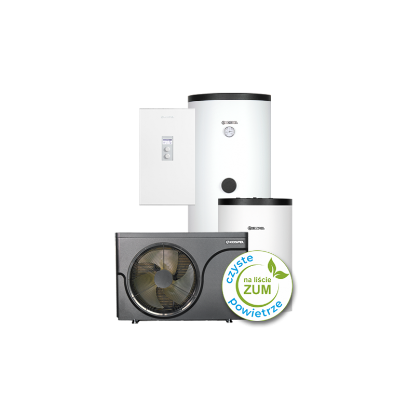 Kospel Pakiet HPM2.Z-8 z z pompą ciepła HPMO2-8, jednostką wewnętrzną HPMI2-8 oraz wymiennikiem c.w.u. SWP-300 i buforem c.o. SVK-100